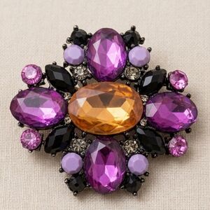 Glowing Uranium Glass & Purple Rhinestone Statement Brooch